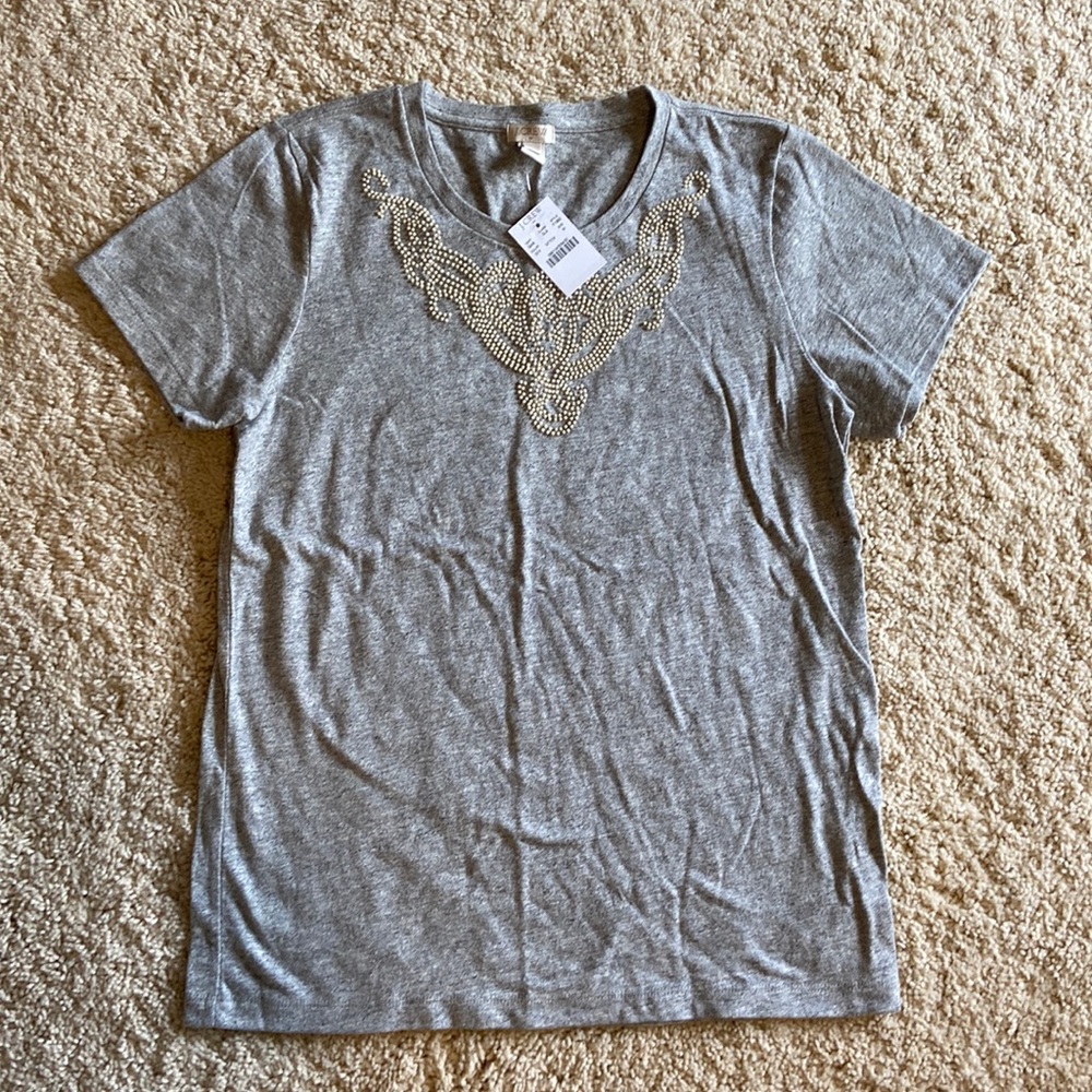 J. Crew Gray Tee with Beaded neckline detail - New!